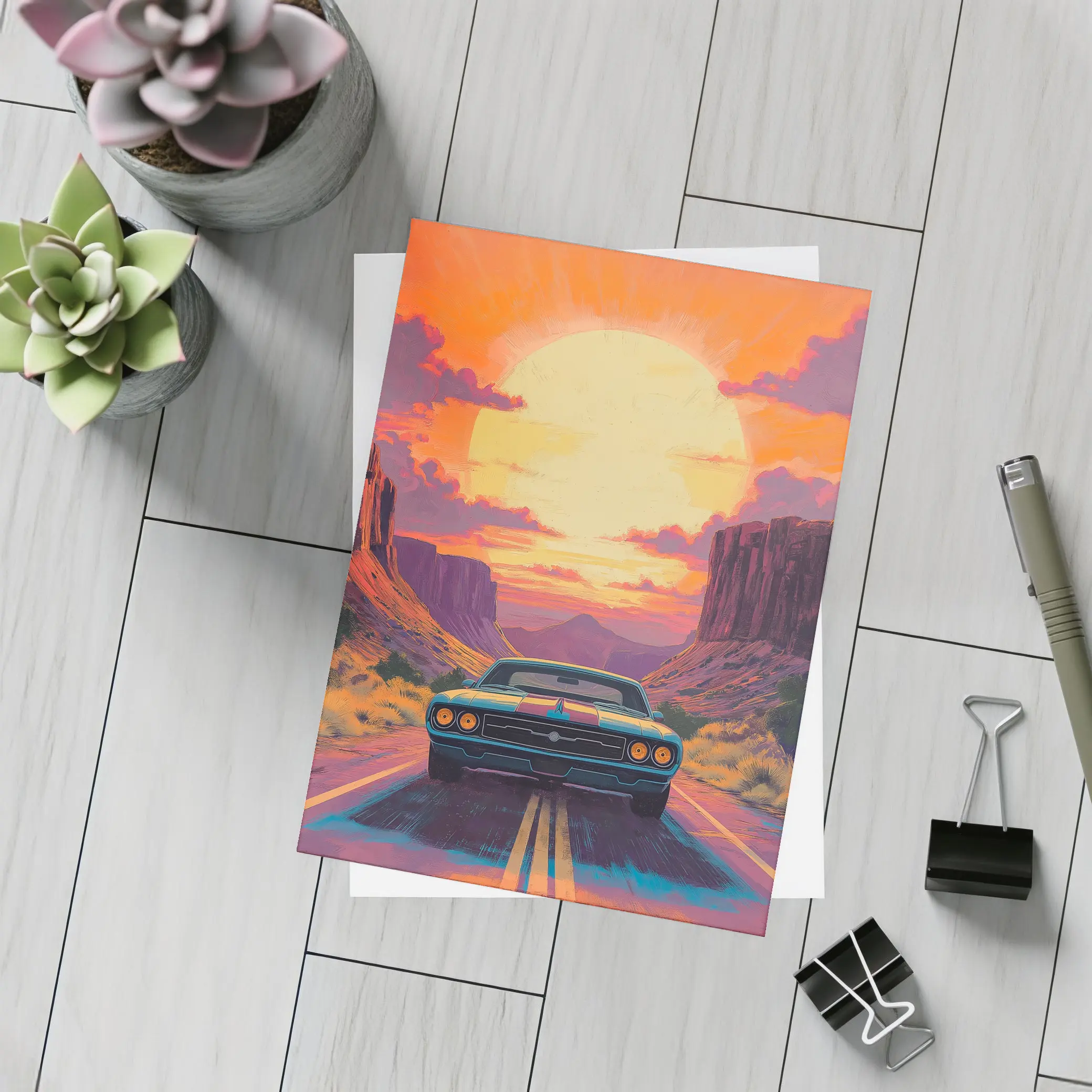 Dodge Challenger Desert Canyon Sunset Art – Postcards