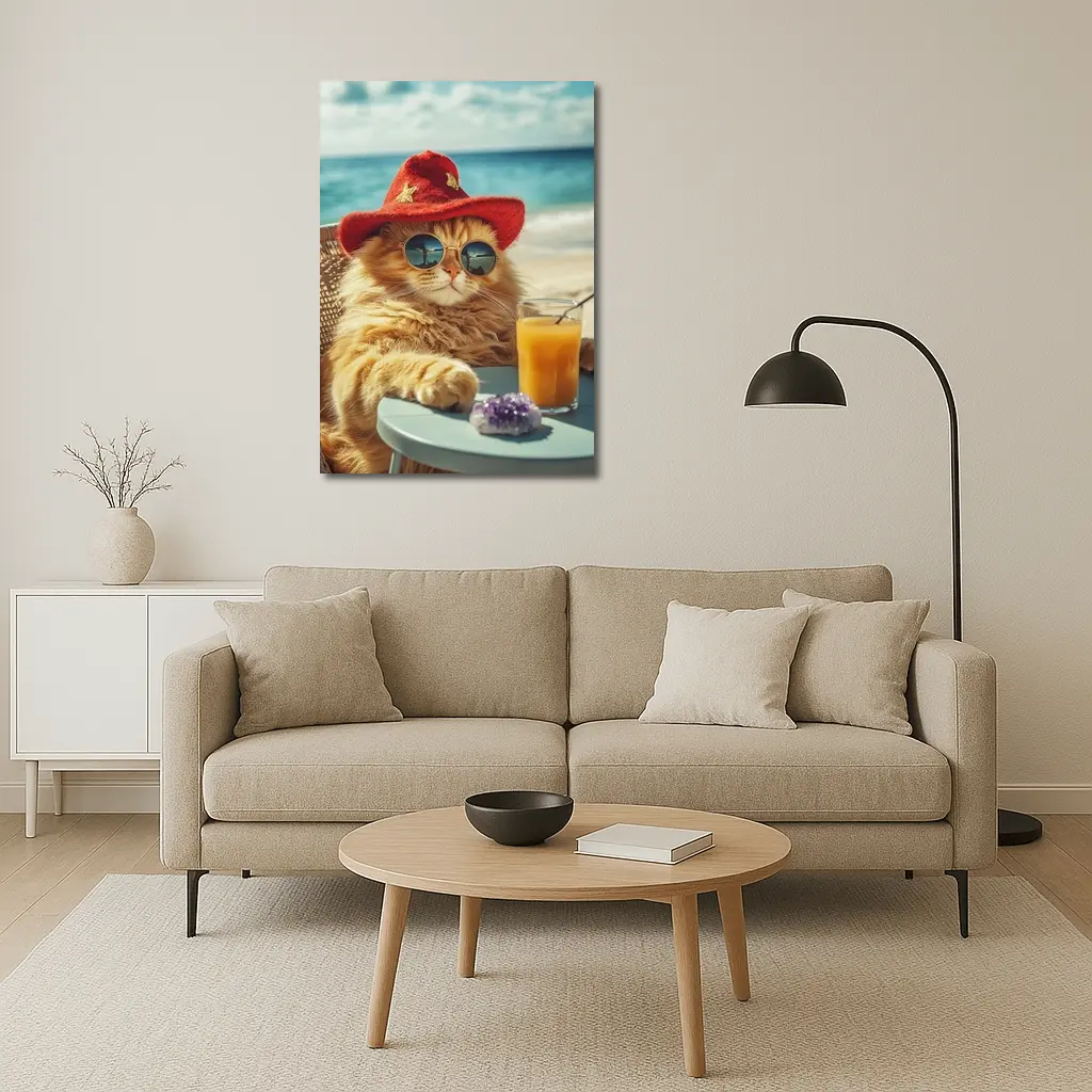 Orange Cat Sunglasses Red Hat Beach – Wall Art