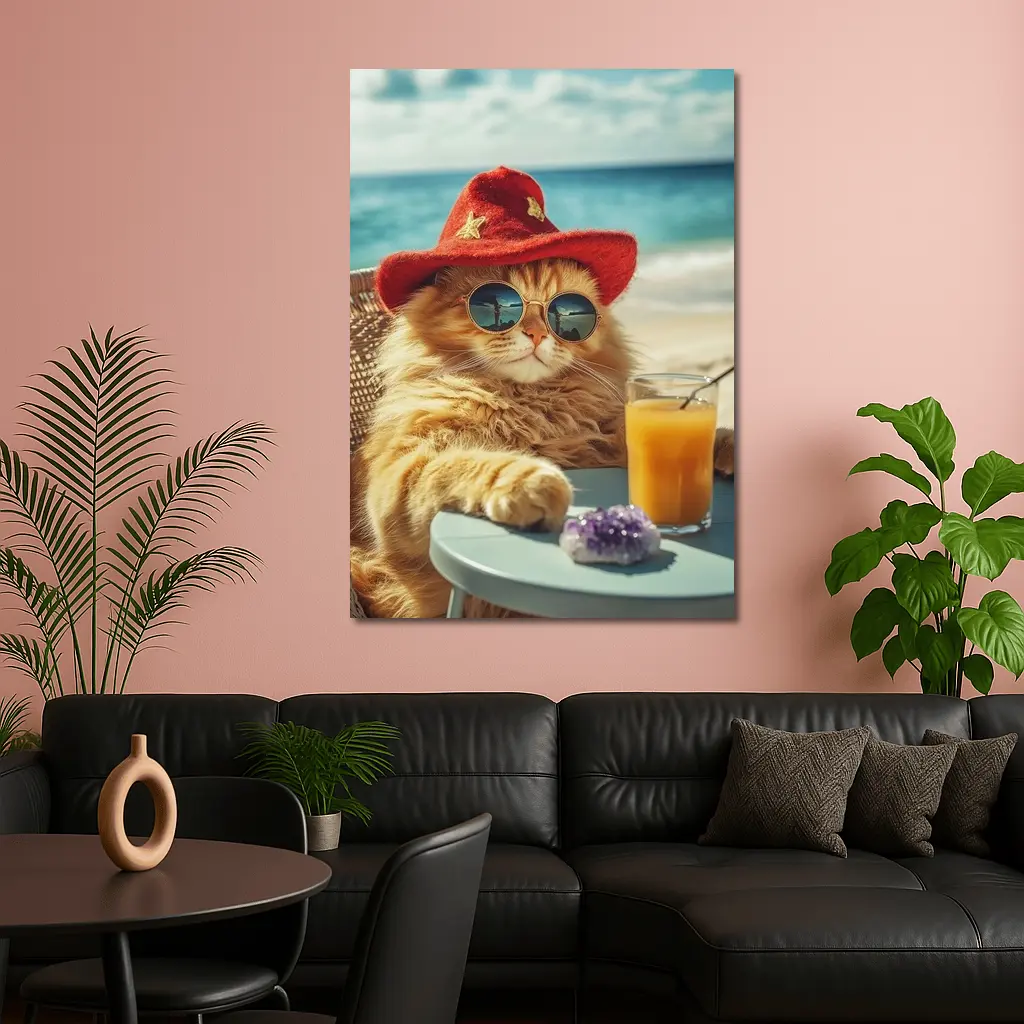 Orange Cat Sunglasses Red Hat Beach – Wall Art