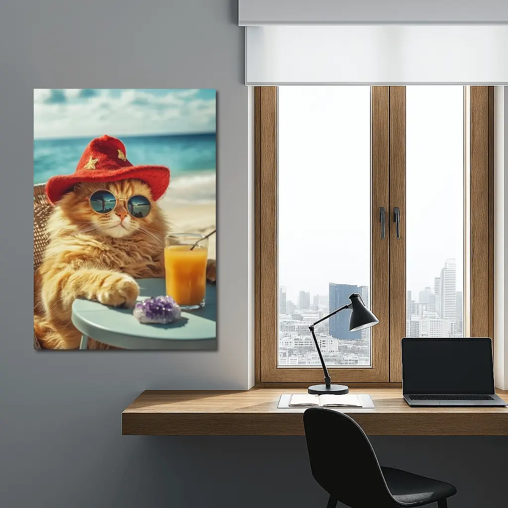 Orange Cat Sunglasses Red Hat Beach – Wall Art
