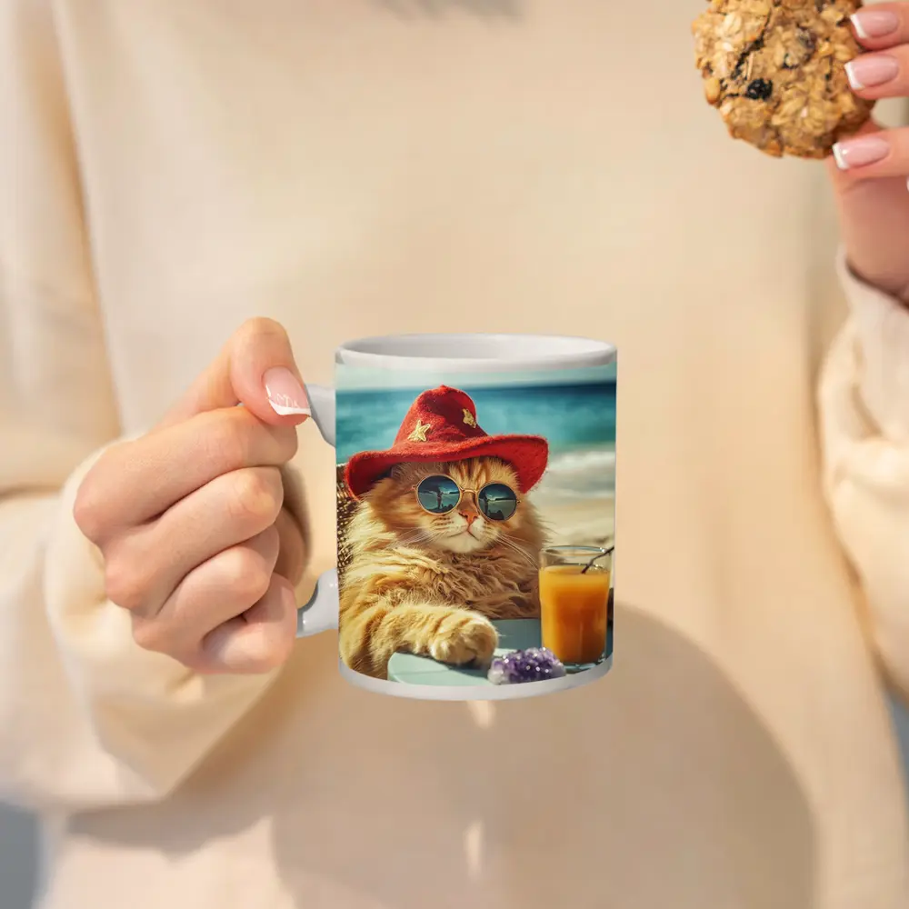 Orange Cat Sunglasses Red Hat Beach – Mugs