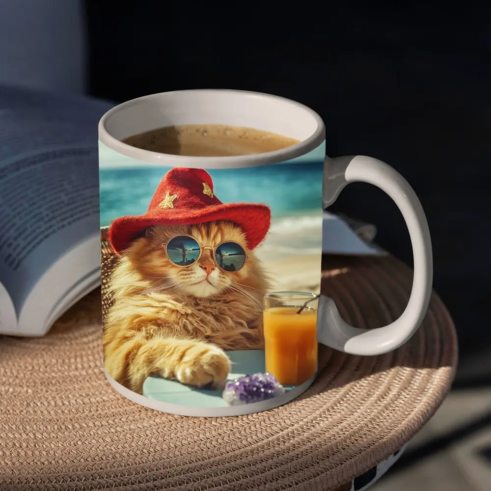 Orange Cat Sunglasses Red Hat Beach – Mugs