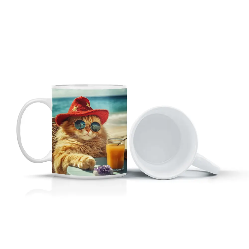 Orange Cat Sunglasses Red Hat Beach – Mugs