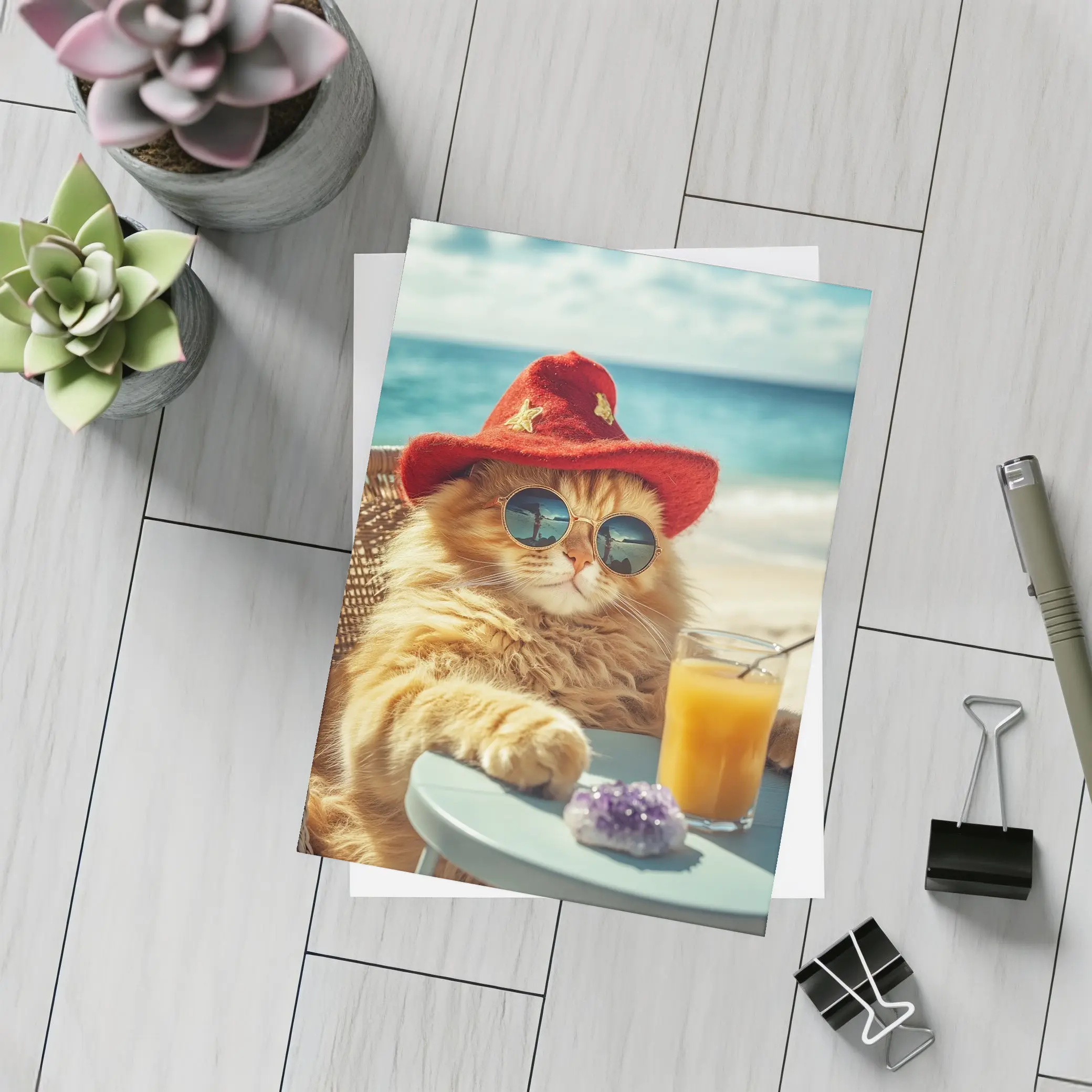 Orange Cat Sunglasses Red Hat Beach – Postcards