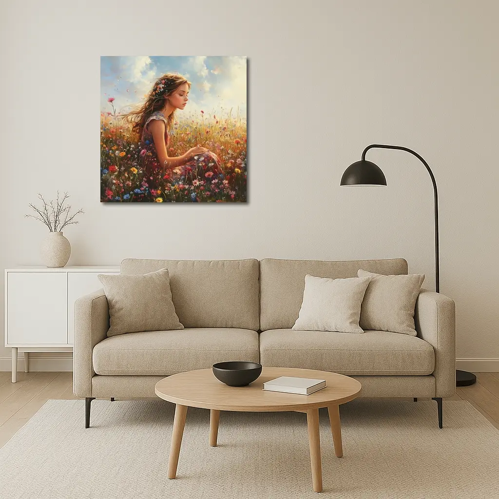 Girl Sitting In Wildflower Field Oil Painting – Wall Art