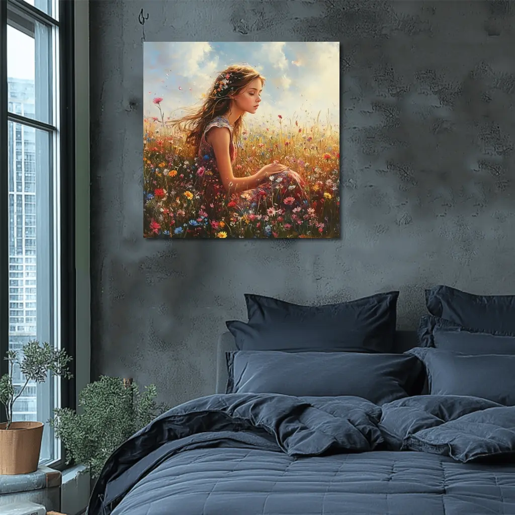 Girl Sitting In Wildflower Field Oil Painting – Wall Art