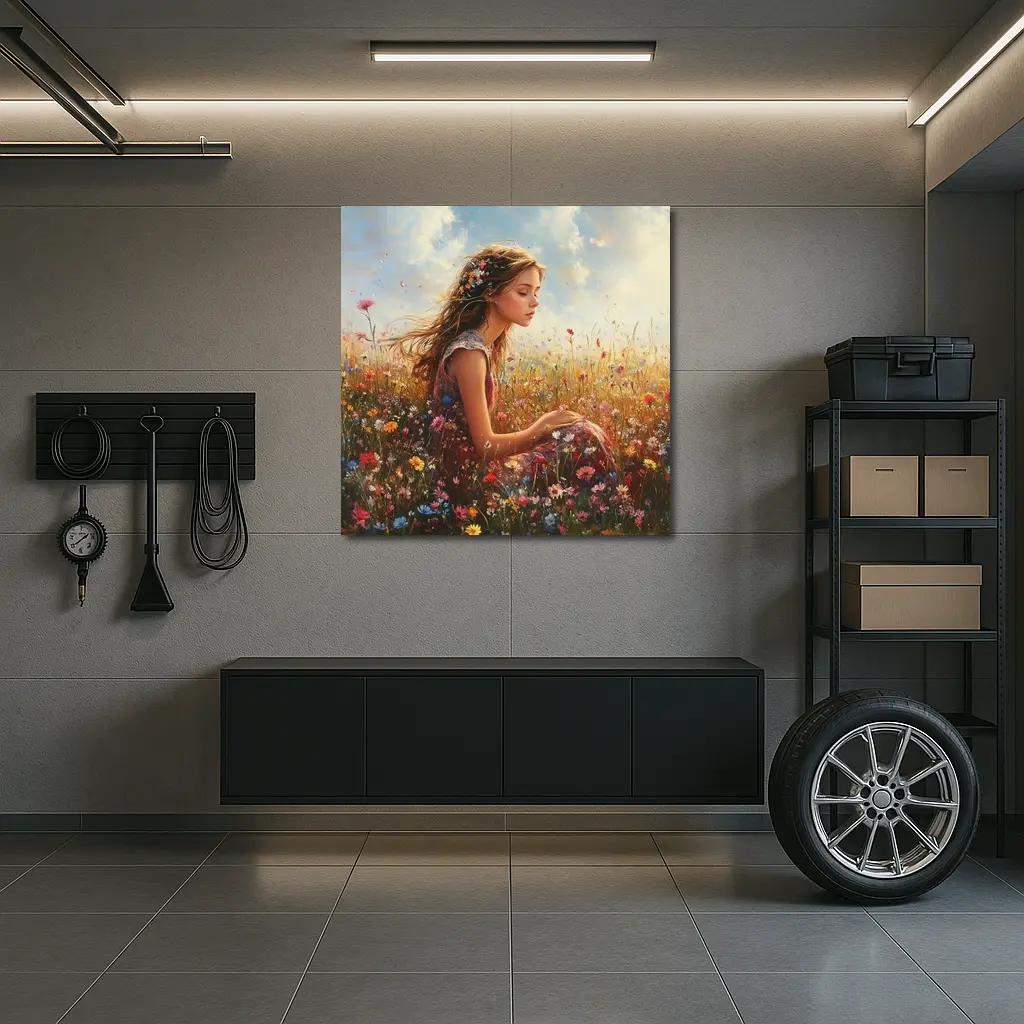Girl Sitting In Wildflower Field Oil Painting – Wall Art