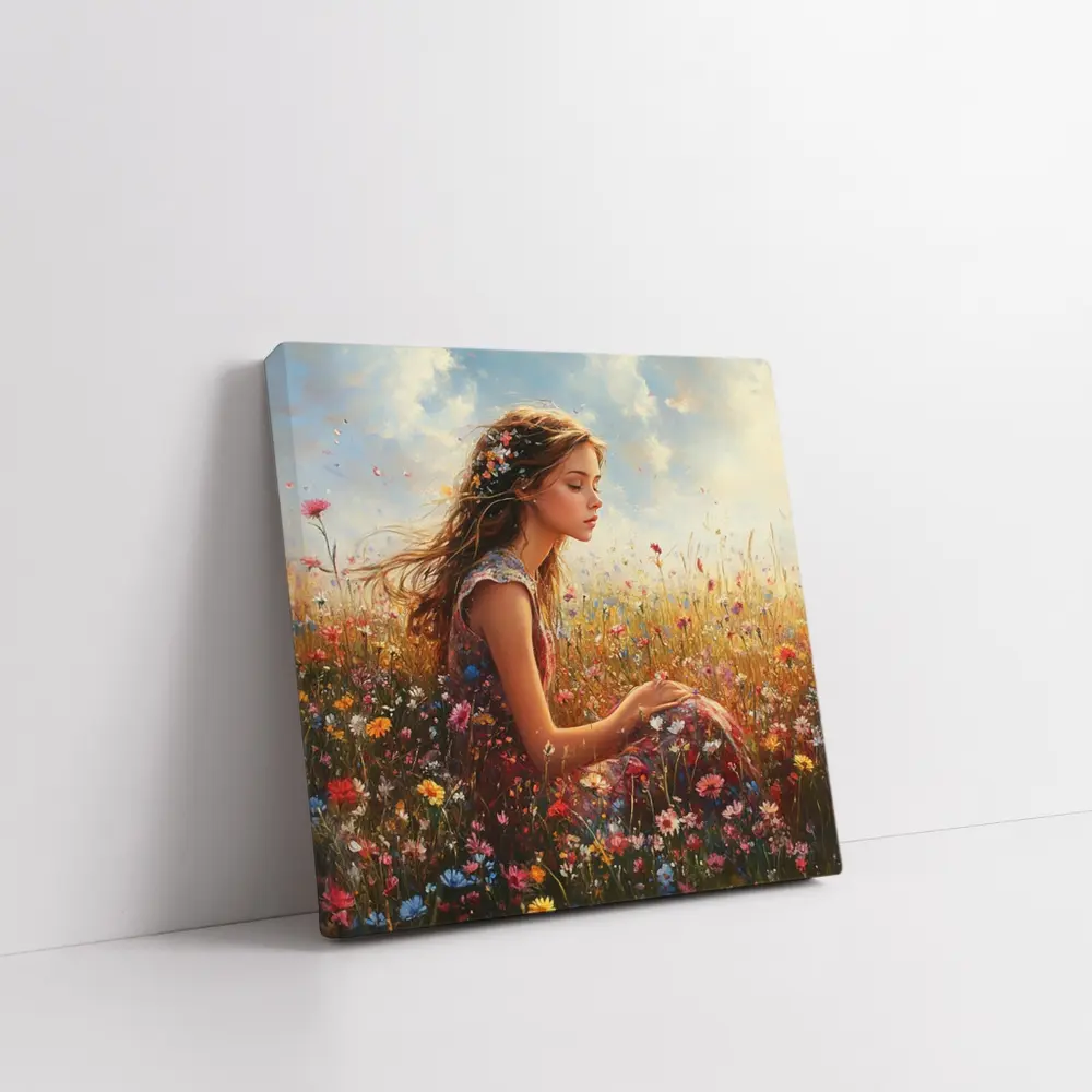 Girl Sitting In Wildflower Field Oil Painting – Wall Art