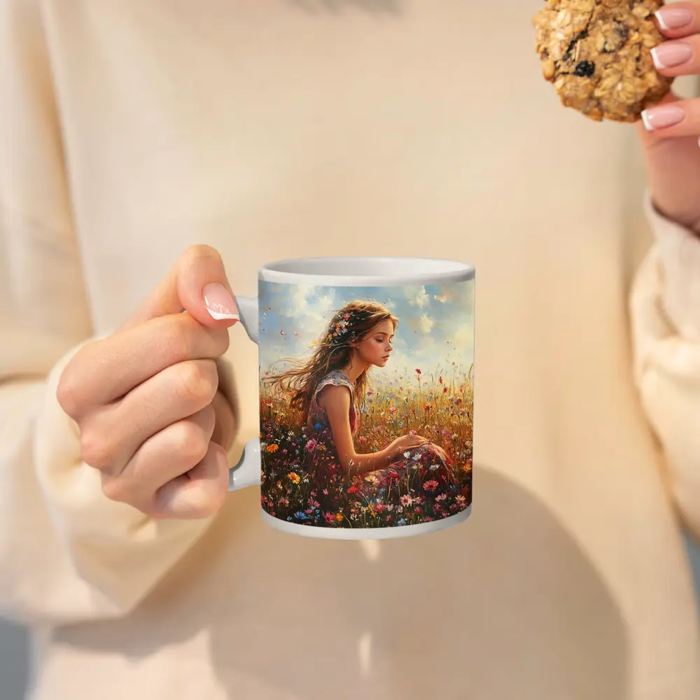 Girl Sitting In Wildflower Field Oil Painting – Mugs