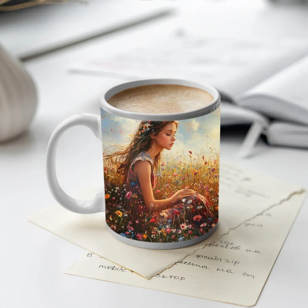 Girl Sitting In Wildflower Field Oil Painting – Mugs