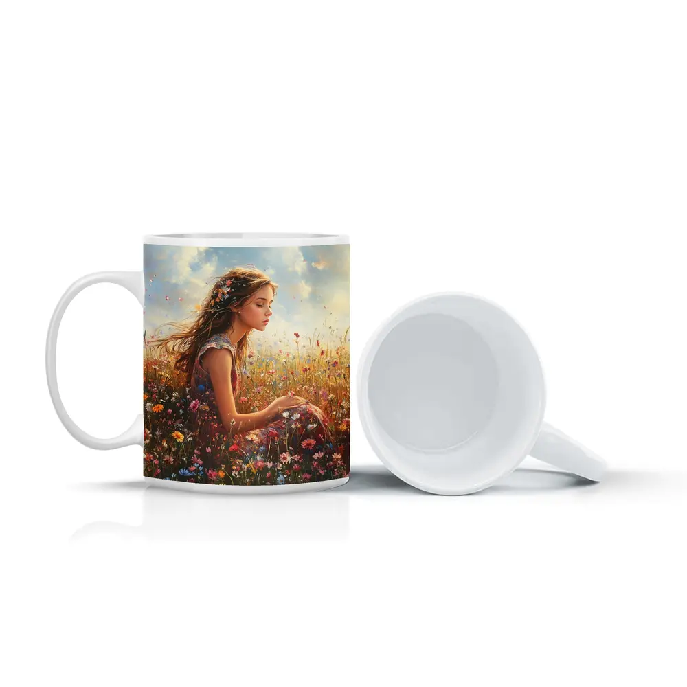 Girl Sitting In Wildflower Field Oil Painting – Mugs