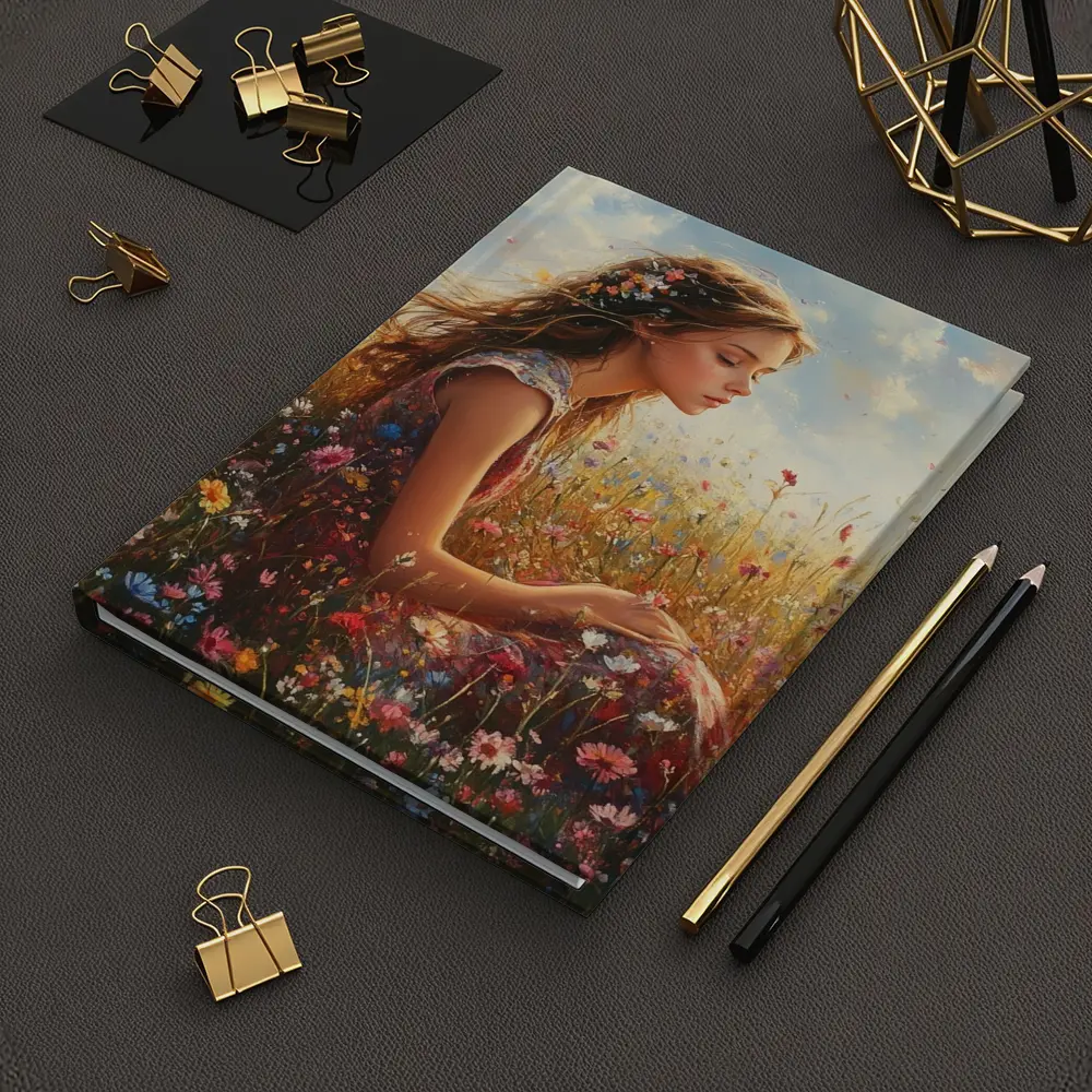 Girl Sitting In Wildflower Field Oil Painting – Notebooks