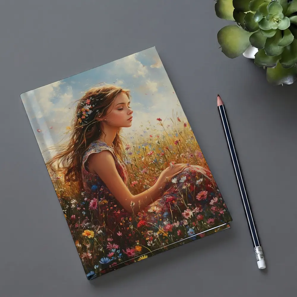 Girl Sitting In Wildflower Field Oil Painting – Notebooks