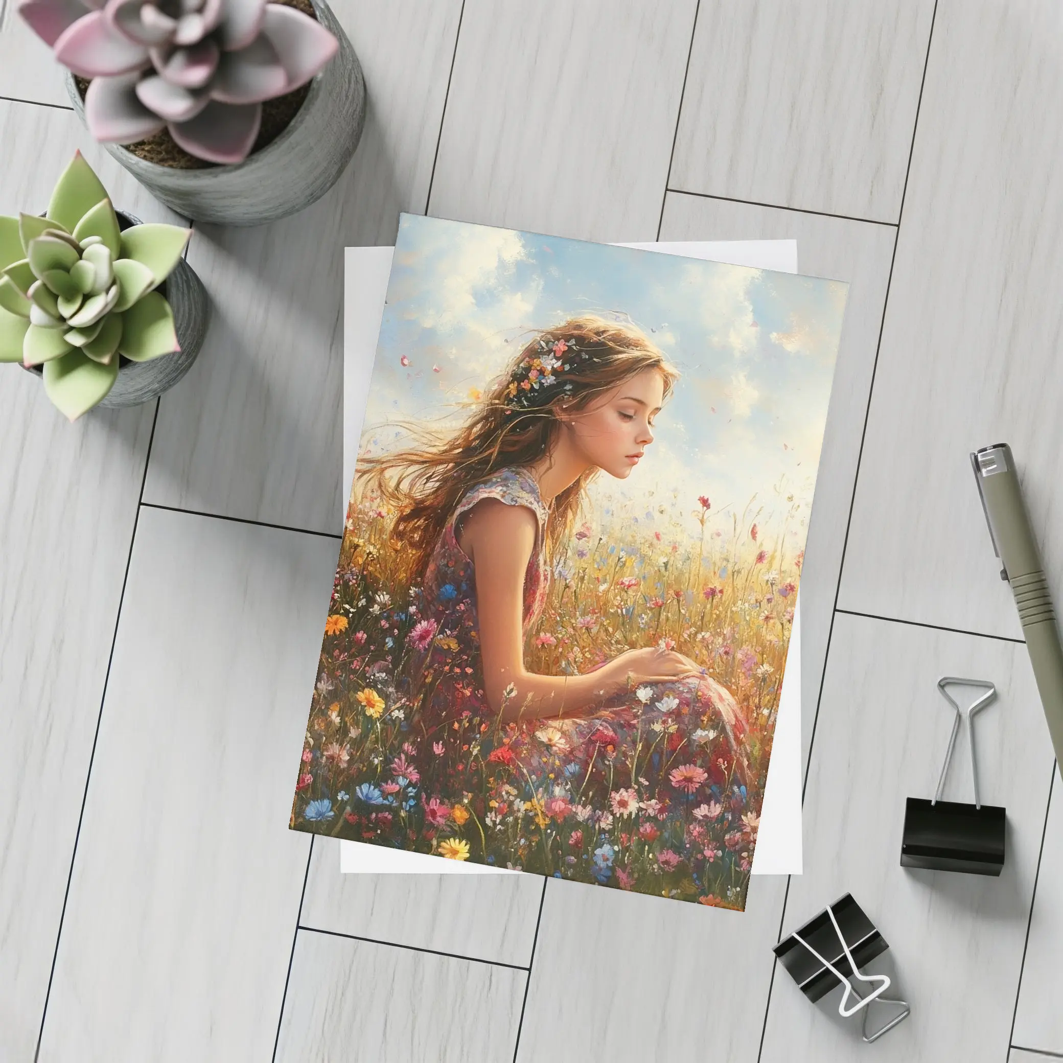 Girl Sitting In Wildflower Field Oil Painting – Postcards