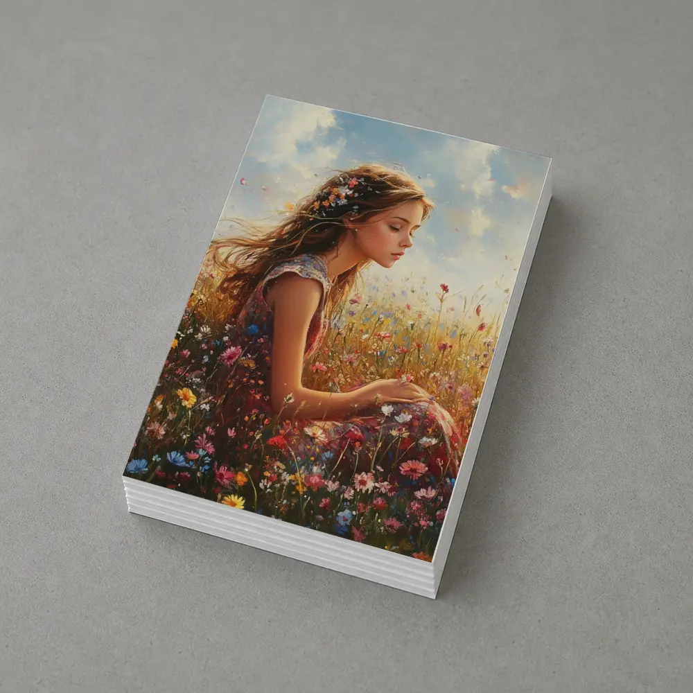 Girl Sitting In Wildflower Field Oil Painting – Postcards