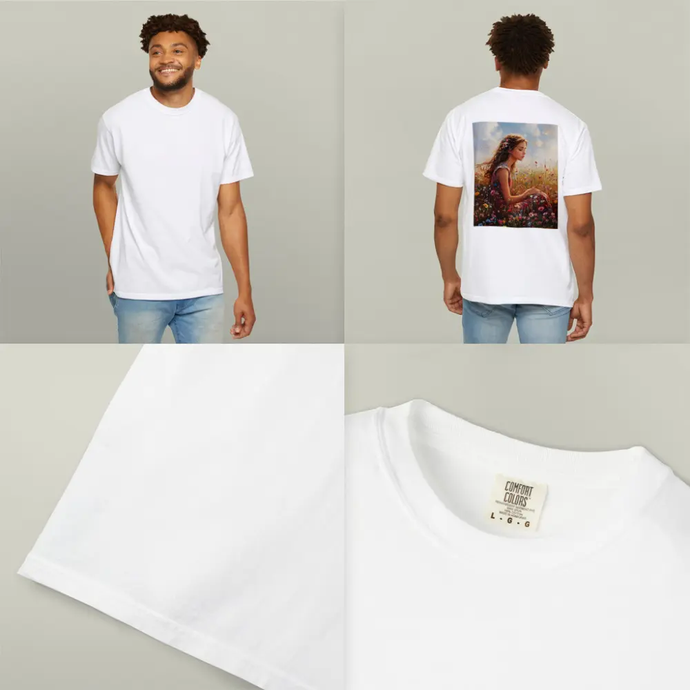 Girl Sitting In Wildflower Field Oil Painting – T-Shirts