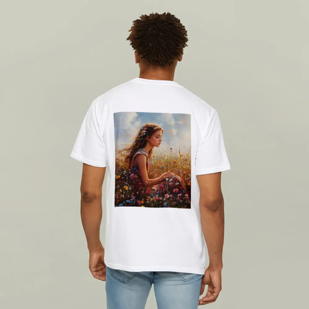 Girl Sitting In Wildflower Field Oil Painting – T-Shirts