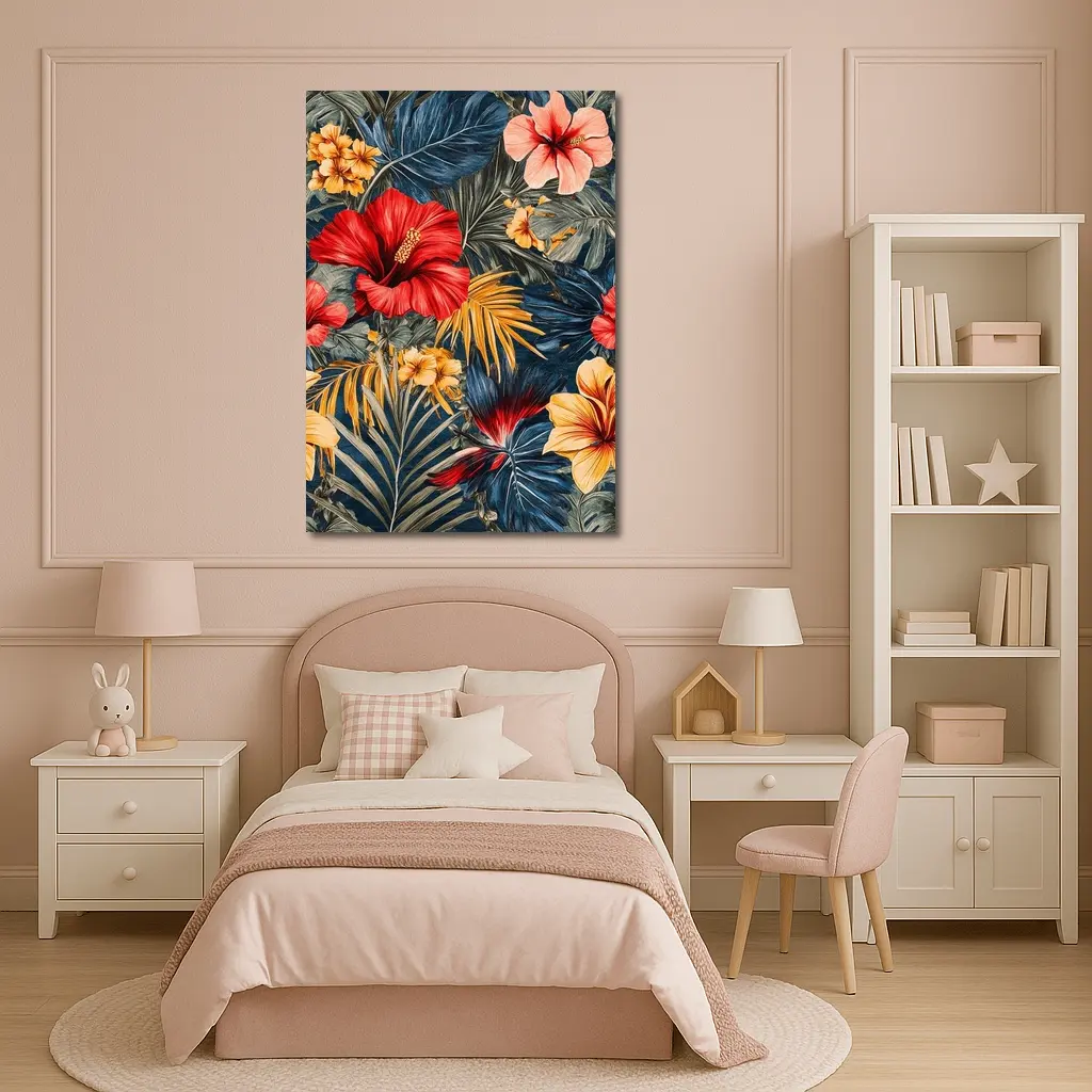 Tropical Hibiscus Flowers Dark Blue Botanical – Wall Art
