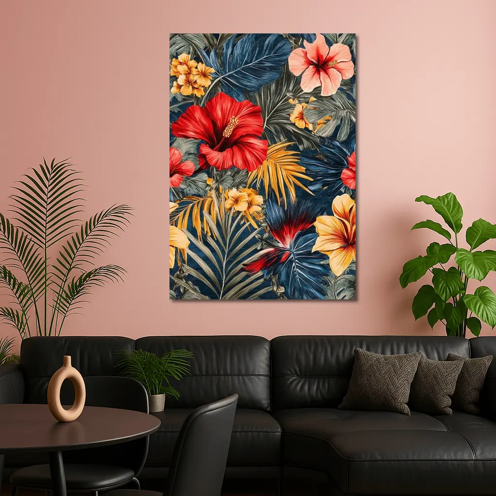 Tropical Hibiscus Flowers Dark Blue Botanical – Wall Art