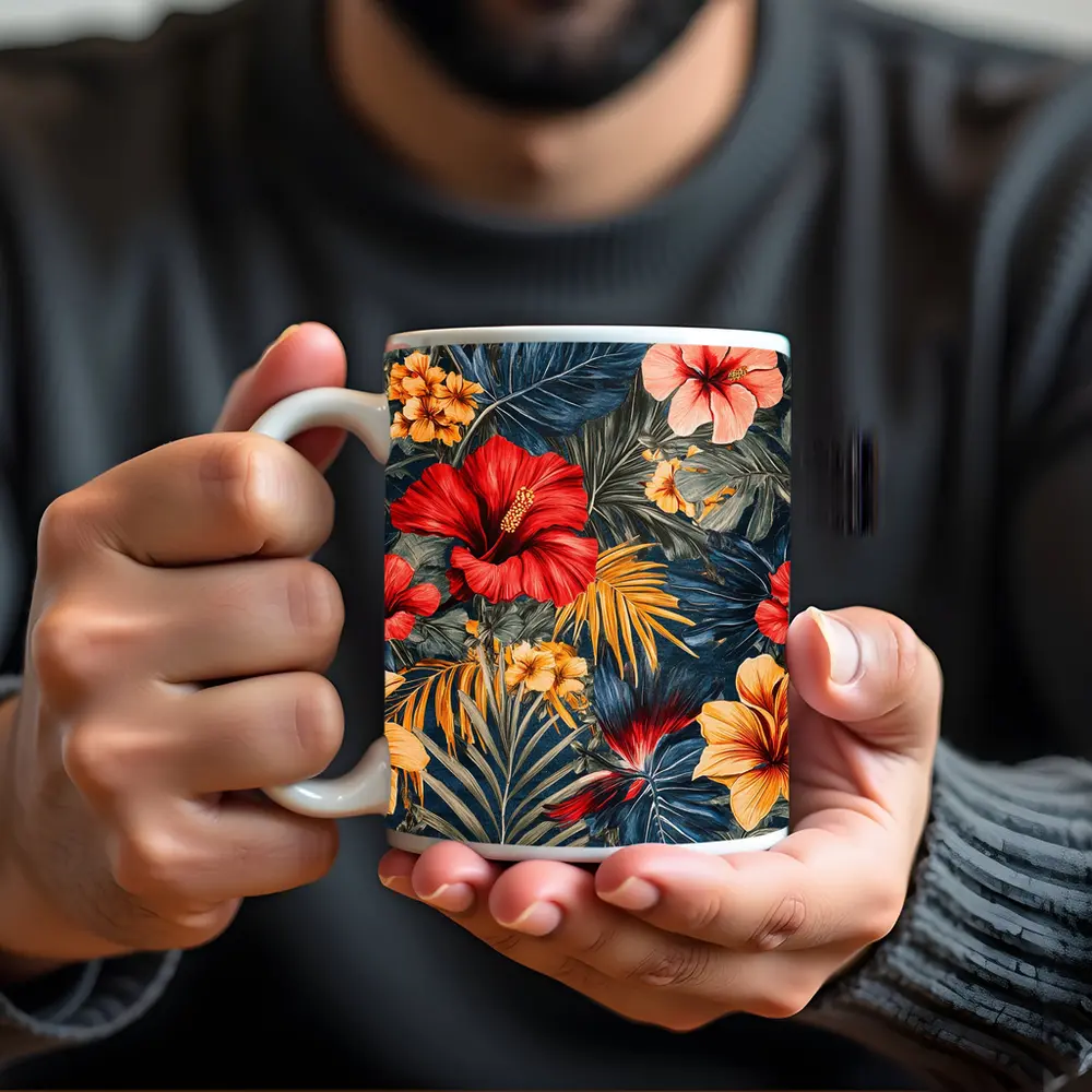 Tropical Hibiscus Flowers Dark Blue Botanical – Mugs