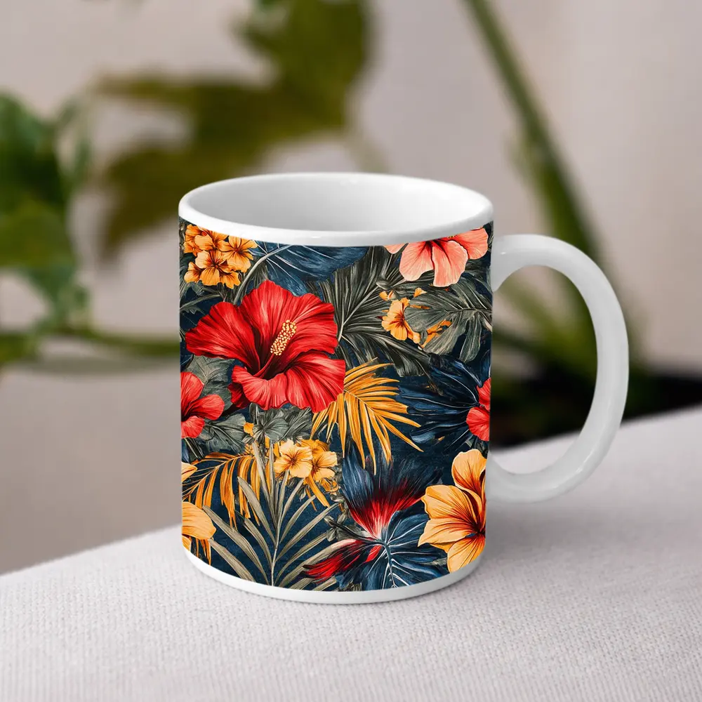 Tropical Hibiscus Flowers Dark Blue Botanical – Mugs