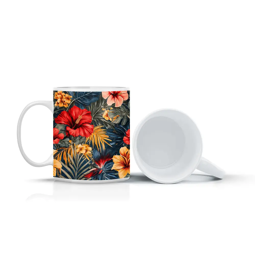 Tropical Hibiscus Flowers Dark Blue Botanical – Mugs