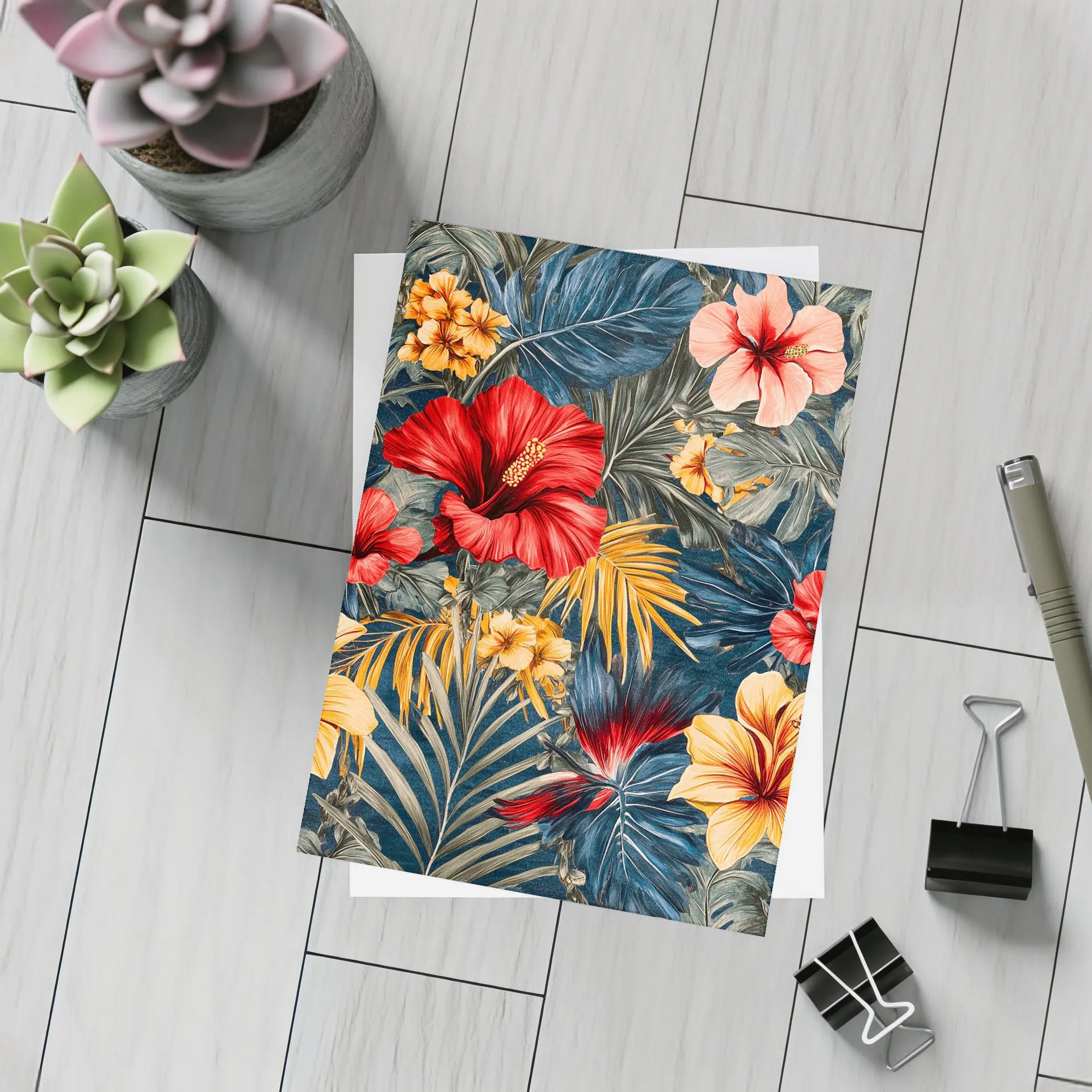 Tropical Hibiscus Flowers Dark Blue Botanical – Postcards