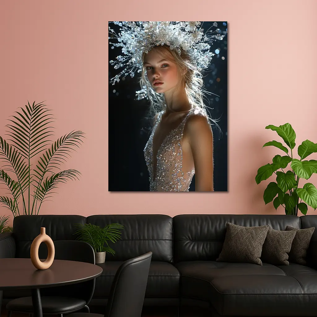 Woman Crystal Crown Gown Dark Background – Wall Art