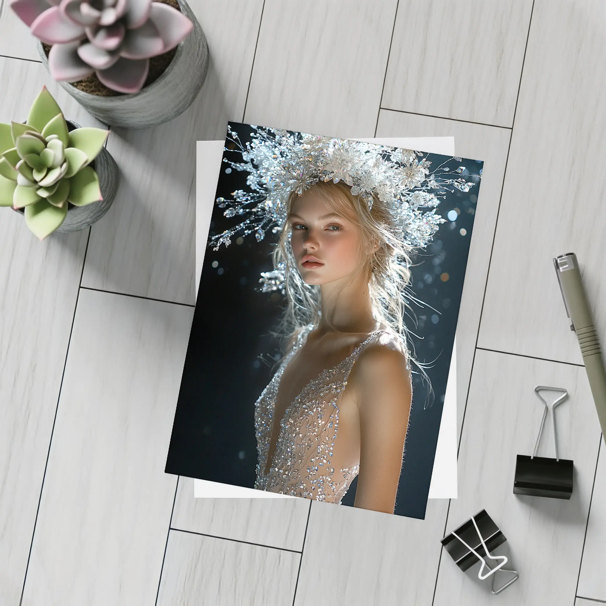 Woman Crystal Crown Gown Dark Background – Postcards
