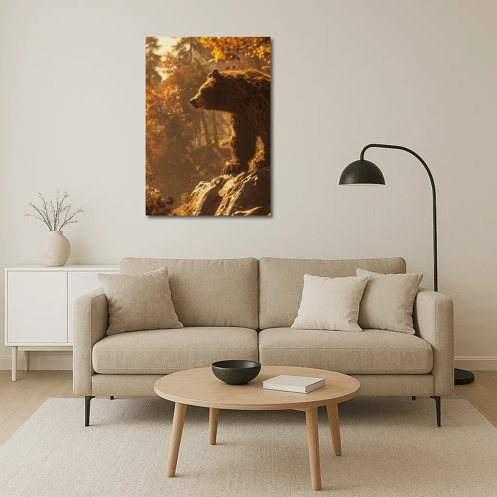 Brown Bear Standing On Rock Autumn Forest – Wall Art