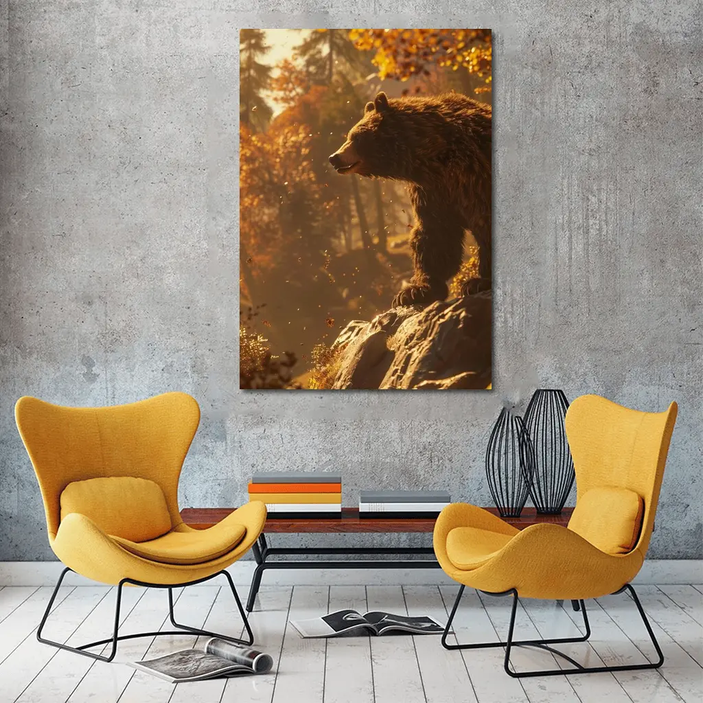 Brown Bear Standing On Rock Autumn Forest – Wall Art