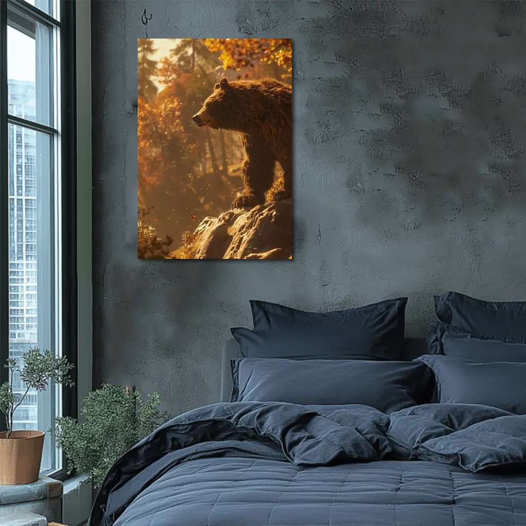 Brown Bear Standing On Rock Autumn Forest – Wall Art