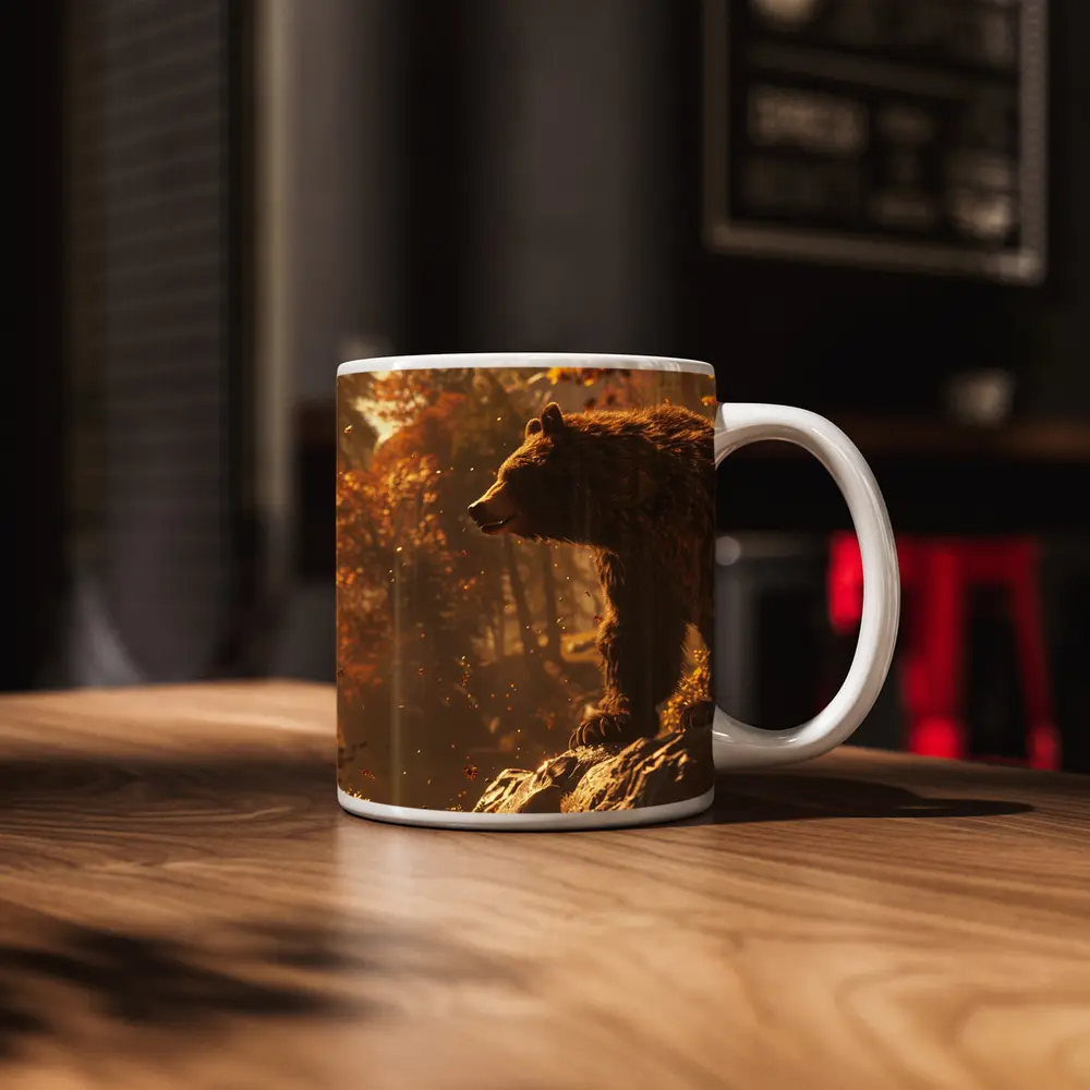 Brown Bear Standing On Rock Autumn Forest – Mugs