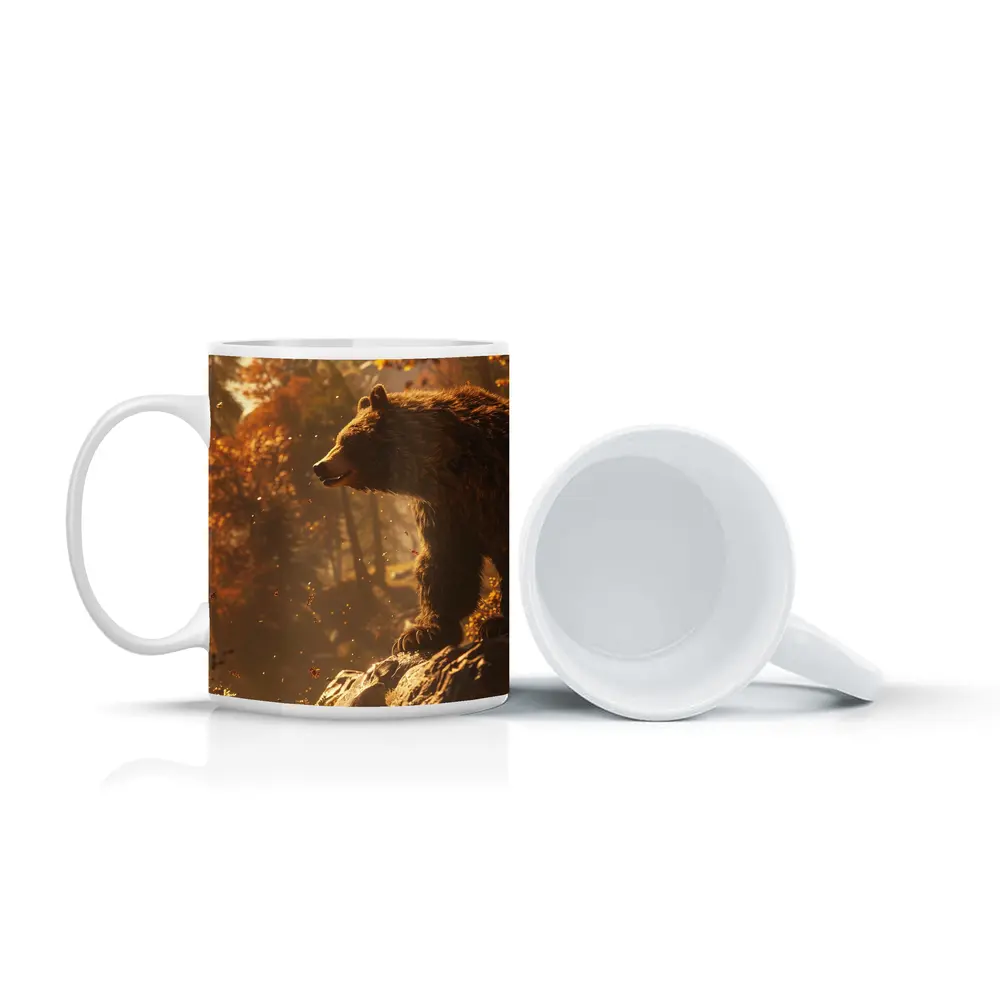 Brown Bear Standing On Rock Autumn Forest – Mugs
