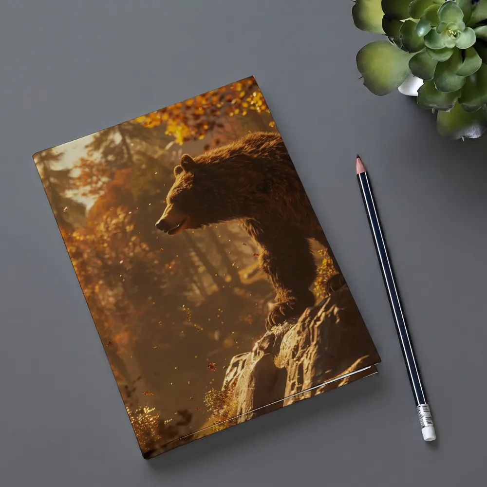 Brown Bear Standing On Rock Autumn Forest – Notebooks