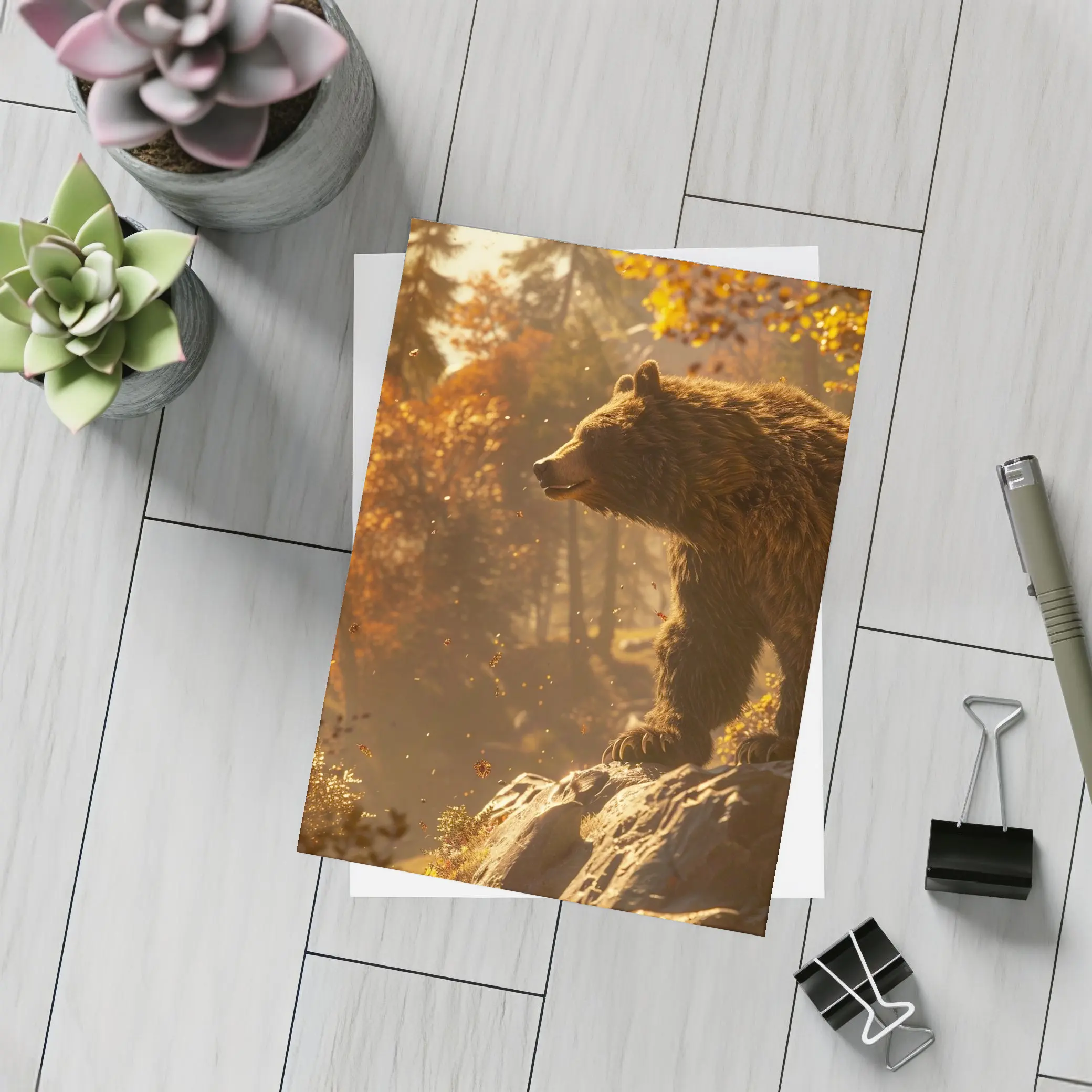 Brown Bear Standing On Rock Autumn Forest – Postcards