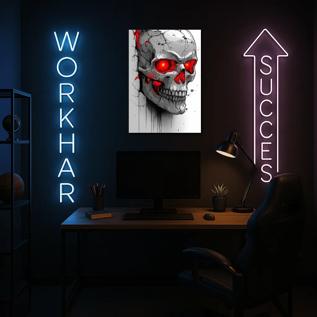 Cracked Stone Skull Glowing Red Eyes Art – Wall Art
