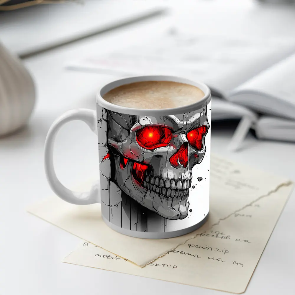 Cracked Stone Skull Glowing Red Eyes Art – Mugs