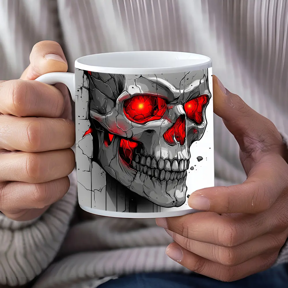 Cracked Stone Skull Glowing Red Eyes Art – Mugs