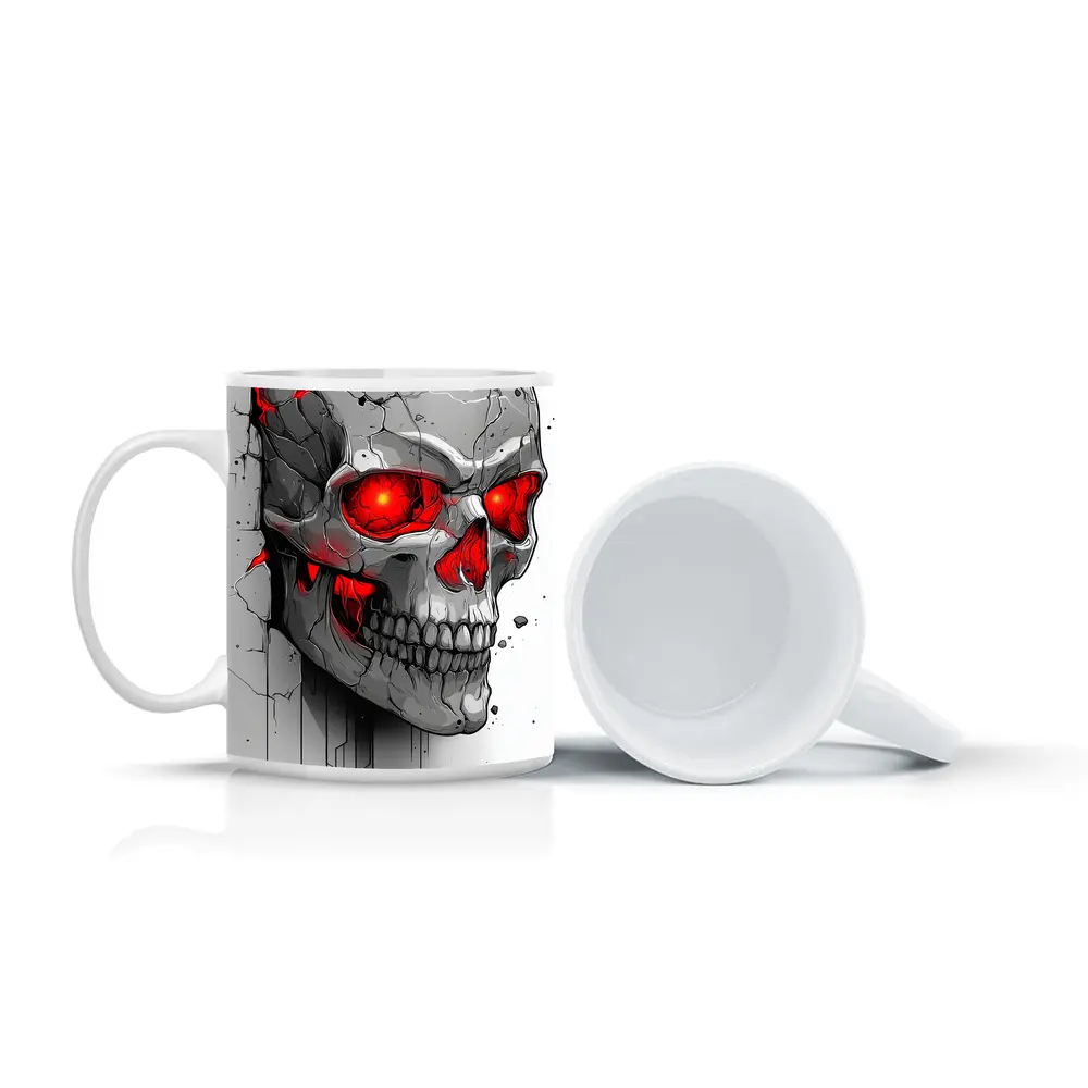 Cracked Stone Skull Glowing Red Eyes Art – Mugs