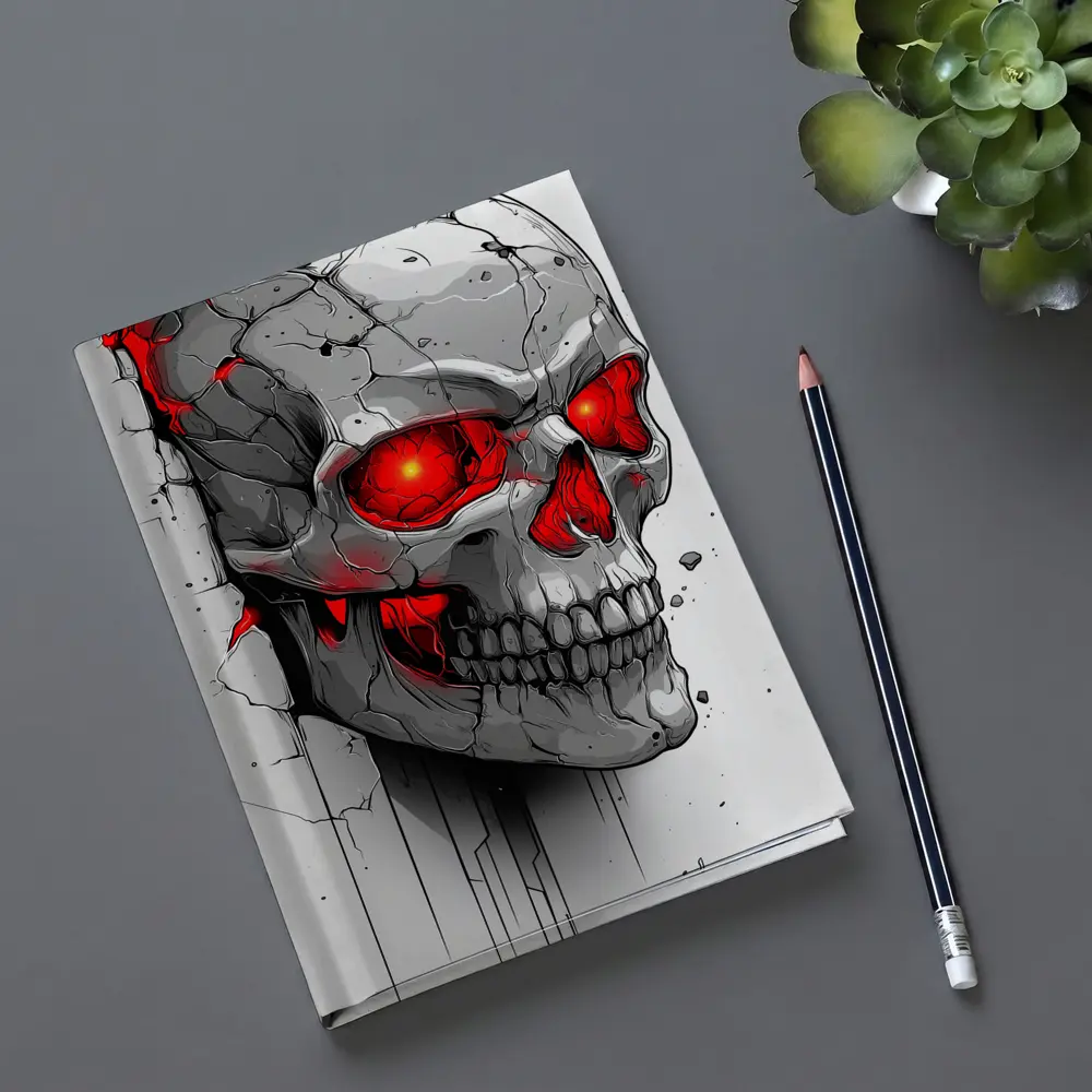 Cracked Stone Skull Glowing Red Eyes Art – Notebooks