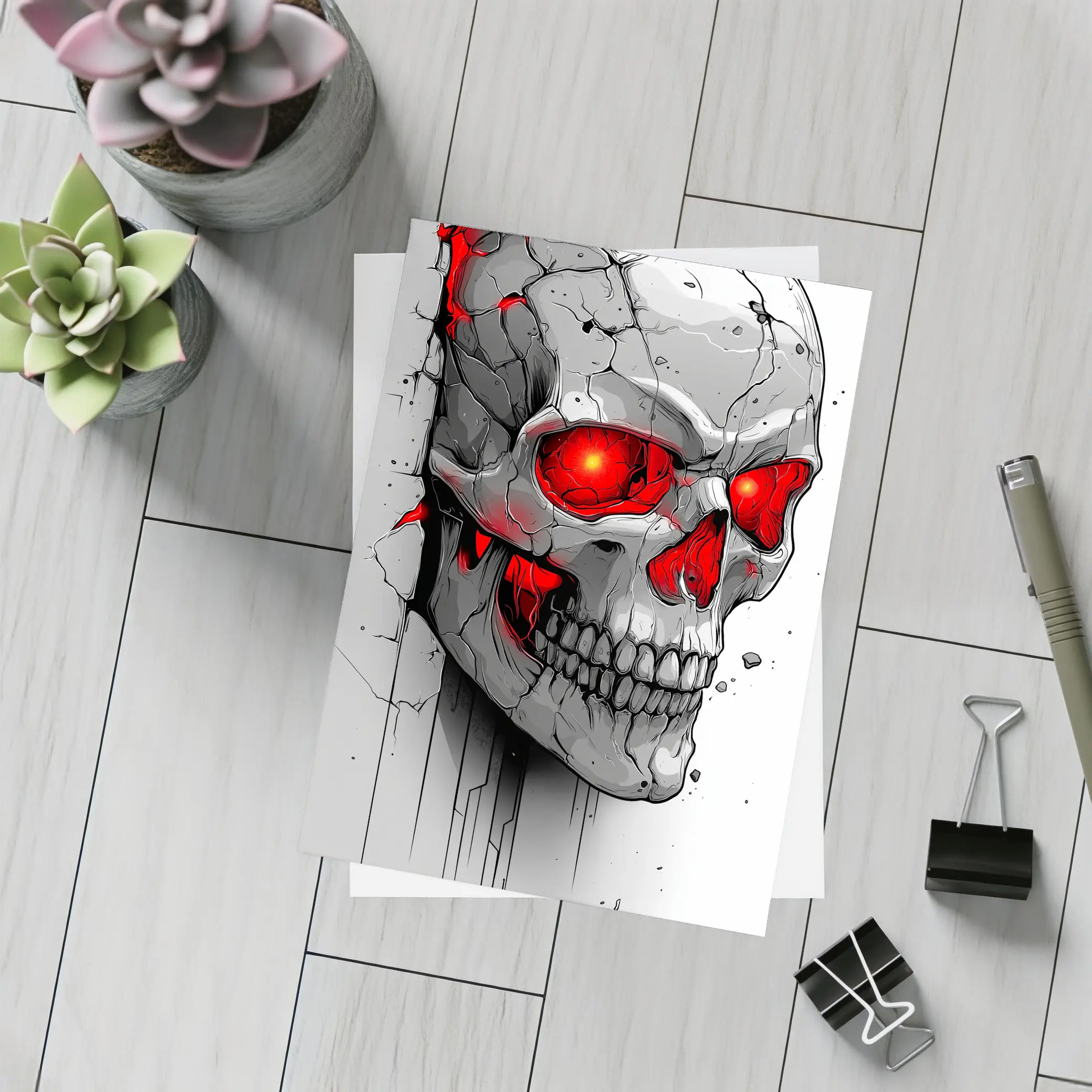 Cracked Stone Skull Glowing Red Eyes Art – Postcards