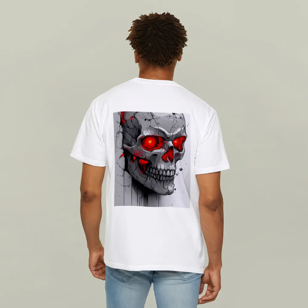 Cracked Stone Skull Glowing Red Eyes Art – T-Shirts