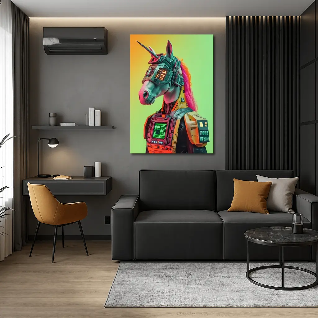 Cyberpunk Unicorn Robot Warrior Green Background – Wall Art
