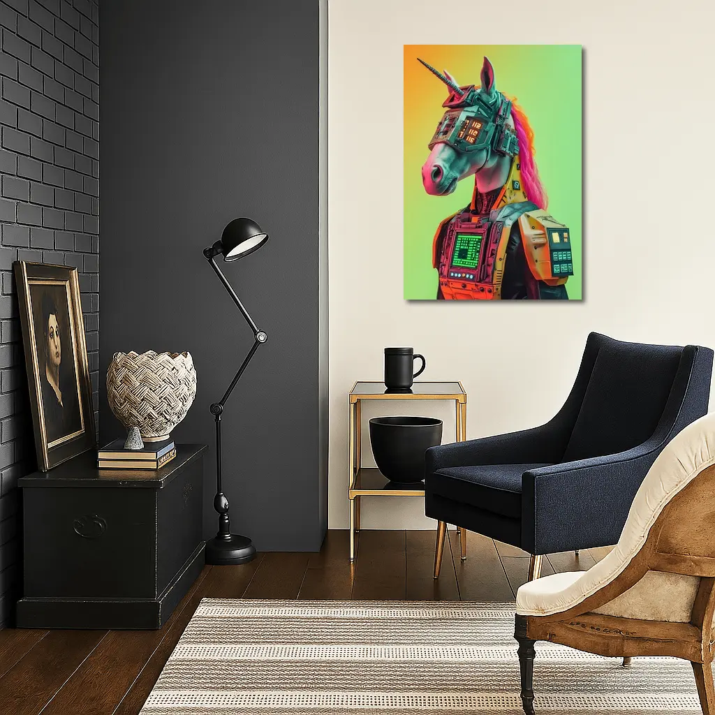 Cyberpunk Unicorn Robot Warrior Green Background – Wall Art