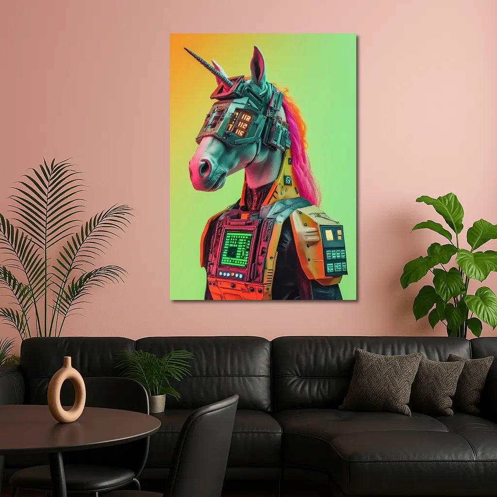 Cyberpunk Unicorn Robot Warrior Green Background – Wall Art