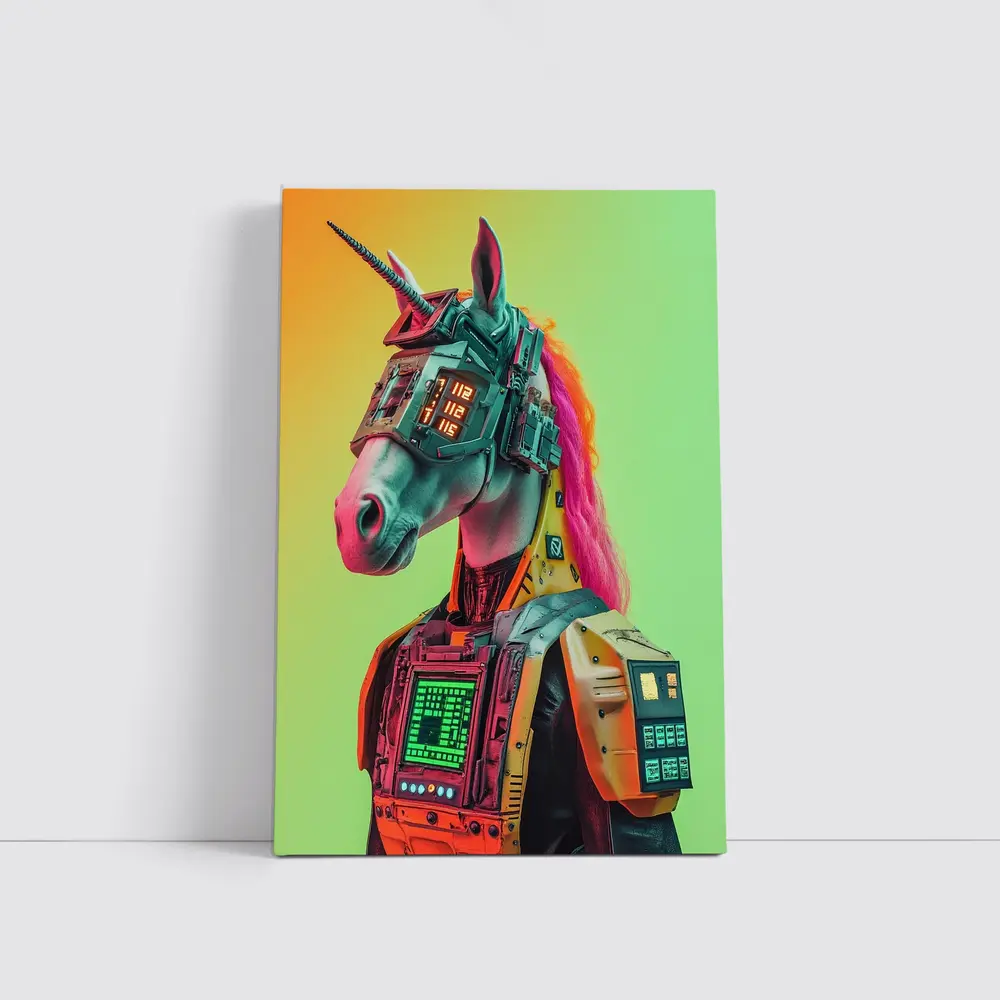 Cyberpunk Unicorn Robot Warrior Green Background – Wall Art