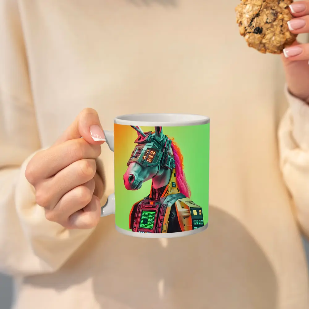 Cyberpunk Unicorn Robot Warrior Green Background – Mugs