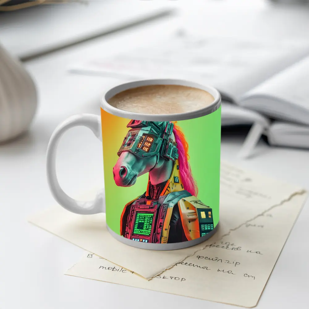 Cyberpunk Unicorn Robot Warrior Green Background – Mugs