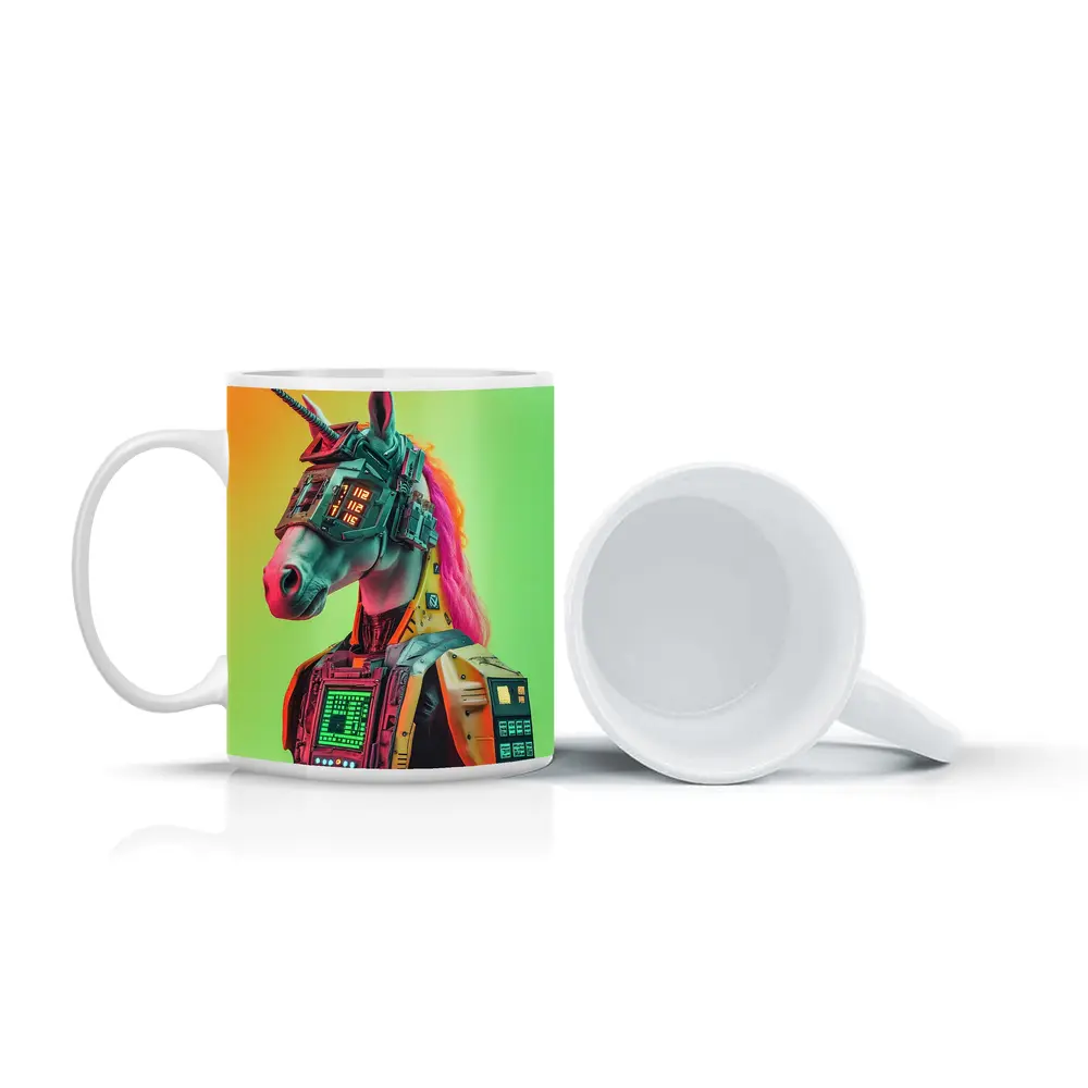 Cyberpunk Unicorn Robot Warrior Green Background – Mugs